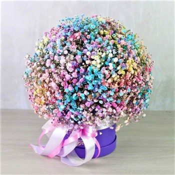 Яркая гипсофила в картонной коробке-кашпо